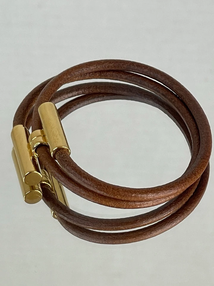 Auténtico Brazalete HERMES Dorado Marrón Cuero H Logo Doble Envoltura Francia Excelente Foto 2 de 4