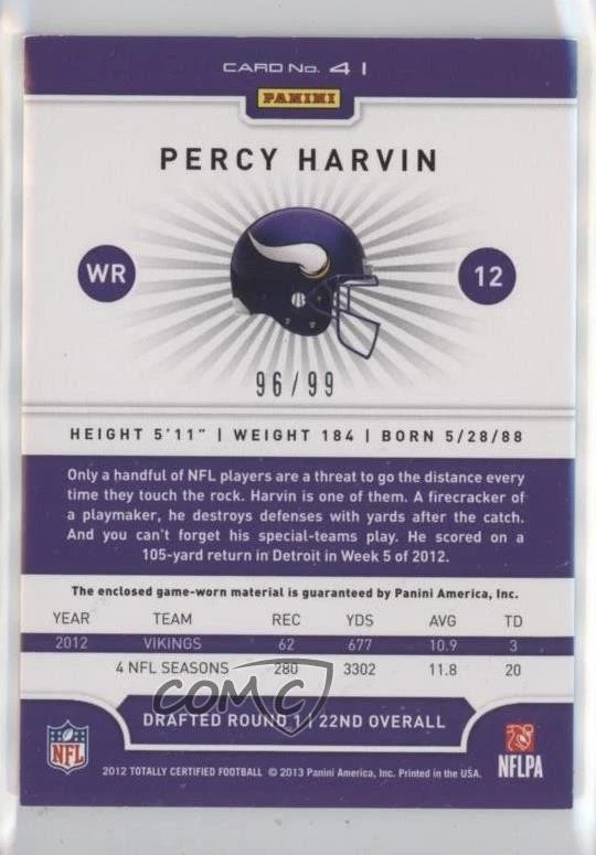 2012 Totally Certified Materials Platinum Blue /99 Percy Harvin #41 - Image 2 of 2