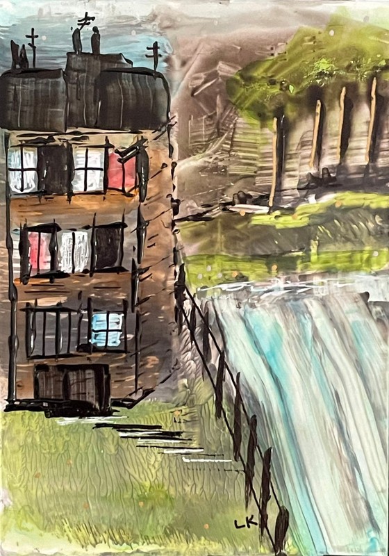 ACEO original building water scenery painting by Lynne Kohler 2.5x3.5"