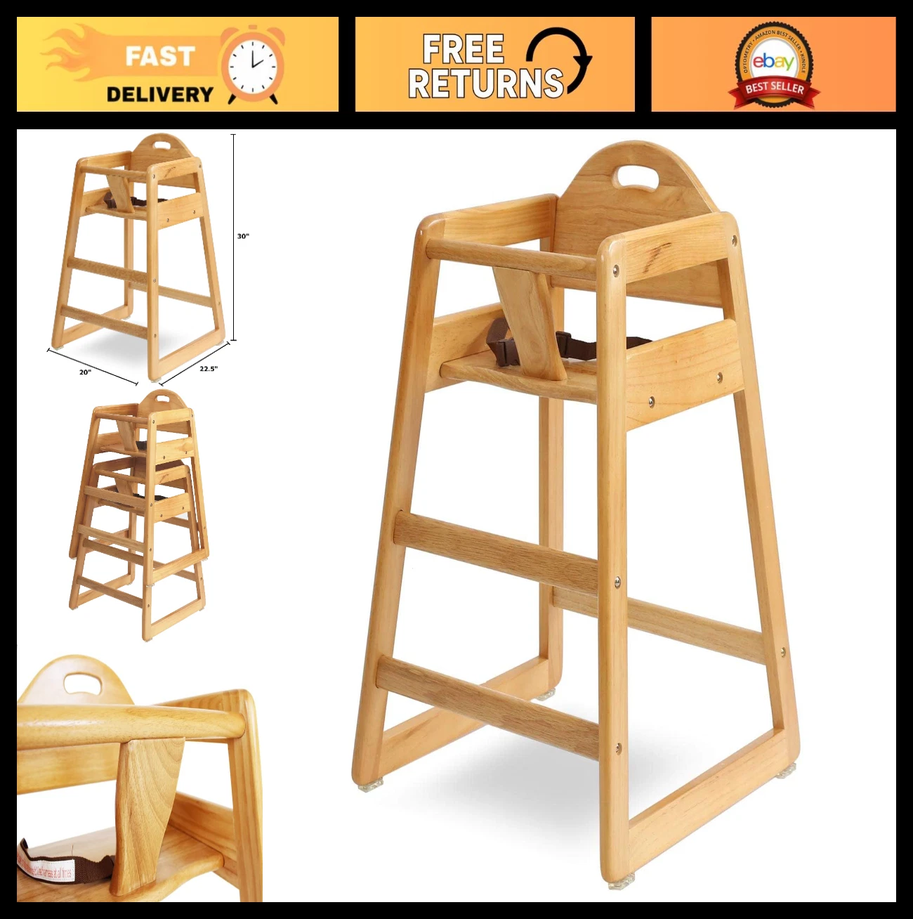 Wooden High Chair for Baby & Toddler - Stackable, Compact, Portable Dining Chair