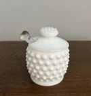 Vintage Fenton Milk Glass Hobnail Mustard Condiment Jar With Lid & Spoon