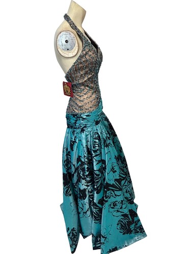 Tony Bowls Blue Halter Beaded Bodice Satin Skirt Evening Gown Formal Dress - Picture 2 of 9