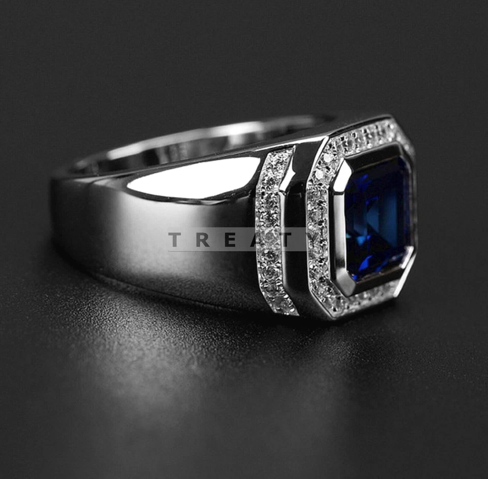Piedras preciosas de zafiro azul corte esmeralda con anillo de plata de ley 925 para hombre #3 Foto 4 de 4
