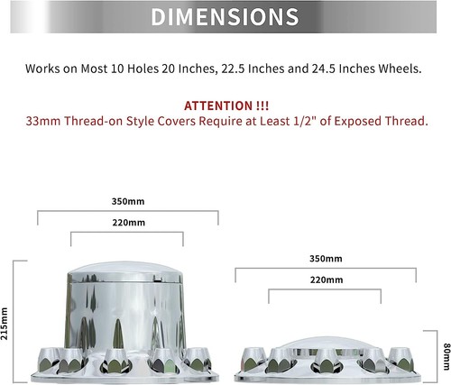 Axle Wheel Cover Set for Semi Truck Chrome ABS Plastic with 2 Front and 4 Rear - Picture 4 of 30