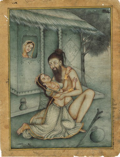 Indian Miniature Old Painting Of A Man And Woman Love Scene On Paper 7x9 Inches - Picture 2 of 7
