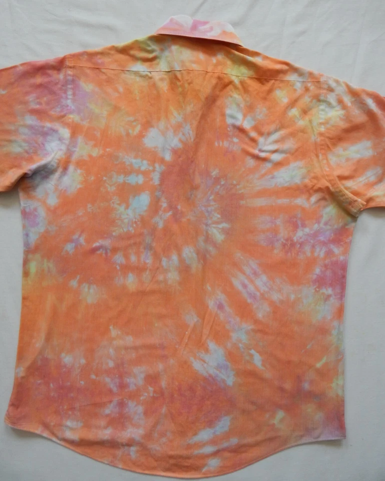 Camisa Tie Dye Rosa Naranja Manga Corta Abotonada - Grande Para Hombre Hecha a Mano 16 Foto 4 de 4