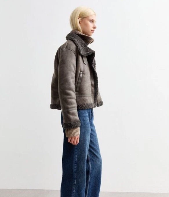 Grey Faux Leather Cropped Aviator Teddy Fur Lined Biker Jacket Coat BNWT RRP £65 - Image 3 of 4