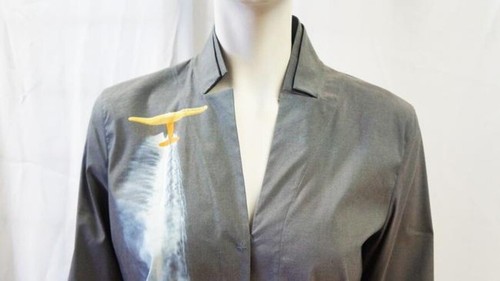 NUEVA CON ETIQUETAS AKRIS Avión Fotoimpresión Elástica Mezcla de Algodón Blusa CAMISA 10 Gris Prenda para el torso - Imagen 7 de 9