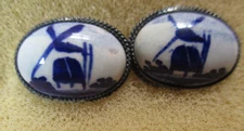 VINTAGE  DUTCH BLUE WHITE WINDMILL SILVER swivel whale tail CUFF LINKS