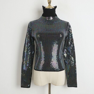 Damen Sparkle Glitzer Pailletten Pullover Langärmlig Strick