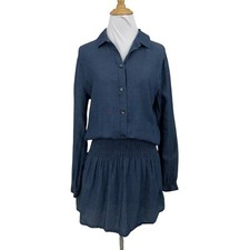 Madewell Dress Womens S Small Blue Shirred Indigo Smocked Waist Button Collar