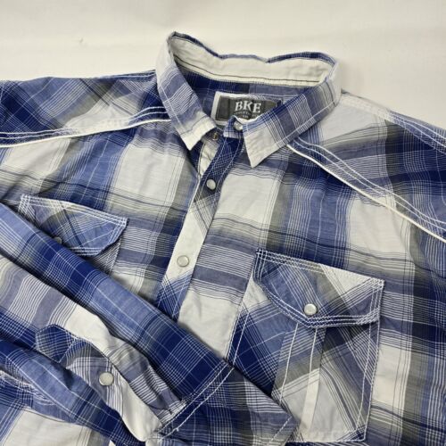 BKE Men's Button Up Shirt Large Blue Plaid Western Pearl Snap Athletic Fit 2XL