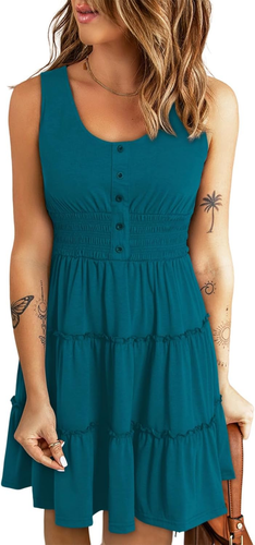 Womens Summer Dresses 2025 Sleeveless Button down Smocked Empire Waist Ruffle Ti