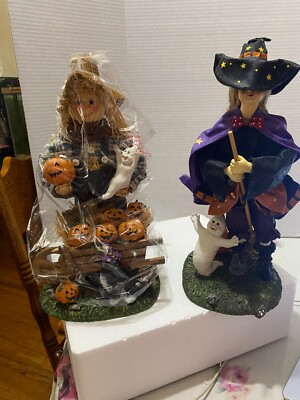 Scarecrow and Witch 13  Fabric Mache Halloween Figurines w/ Ghost Cat Pumpkin