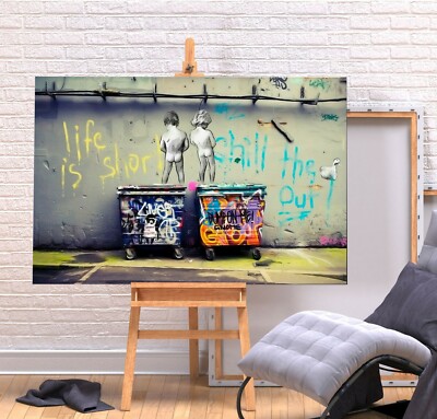 BANKSY LIFE IS KURZ - LEINWAND/GERAHMTER WANDKUNST BILDDRUCK - GRÜN/MEHRFARBIG
