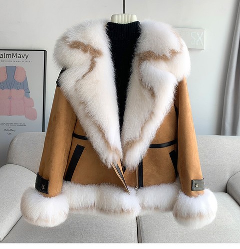 Fox Fur Jacket Women's Big Fur Collar Down Parka Suede Leather Coats Overcoats - Picture 8 of 23