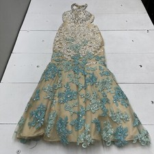 Rachel Allan 6824 Nude Turquoise Aqua Fitted Lace Appliqu  Prom Dress Size 4