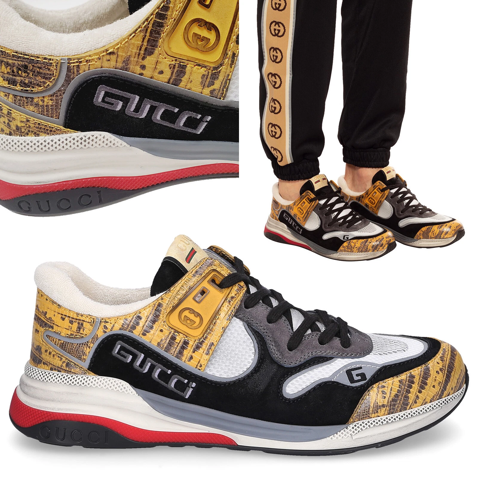 BASKETS GUCCI HOMMES ULTRA PACE CHAUSSURES EN CUIR LÉZARD avec LOGO taille 7G 7,5 US