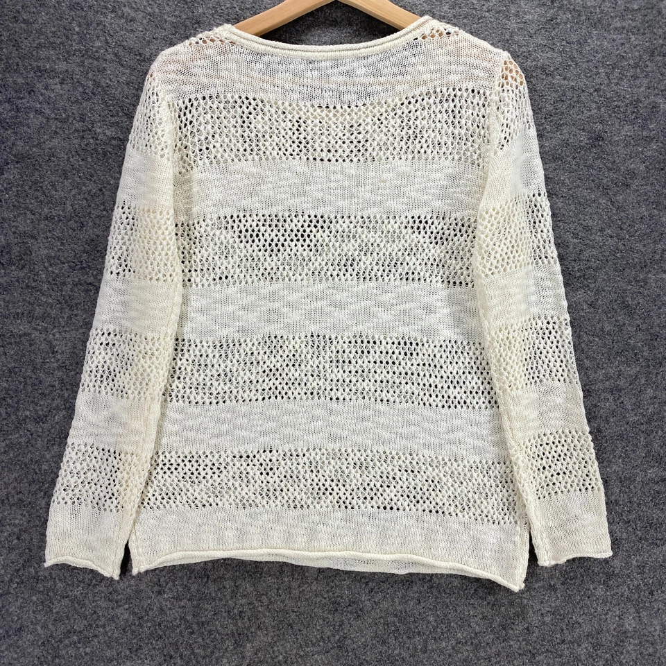 Forever 21 Top Women S Small White Striped Crochet Long Sleeve Round Neck Casual - Image 2 of 4