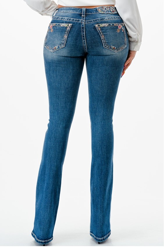 Grace in LA Women's Floral Embroidered Embellished Stonewashed Bootcut
