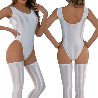 Damen Glänzend Satin Stringbody High Cut Thong Bodysuit Dessous Body Strumpfhose - Bild 1 von 4