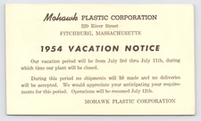Mohawk Plastic Corporation Fitchburg MA 1954 Postcard Factory Shutdown Notice