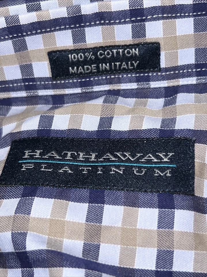 Hathaway Platinum Mens Button Up Shirt Blue & Gray Italy Sz XL 17-17.5. 35/36 - Image 4 of 4