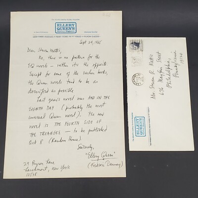 Ellery Queen Rare Hand Written hand Signed Letter With Envelope 9/29/1965
