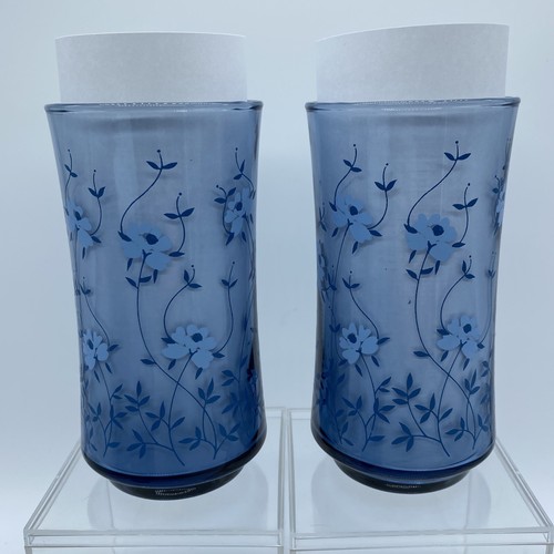 4 Libbey Glass Blue Floral Flowers Drinking Glasses Cups Vintage Tumblers - Picture 2 of 9