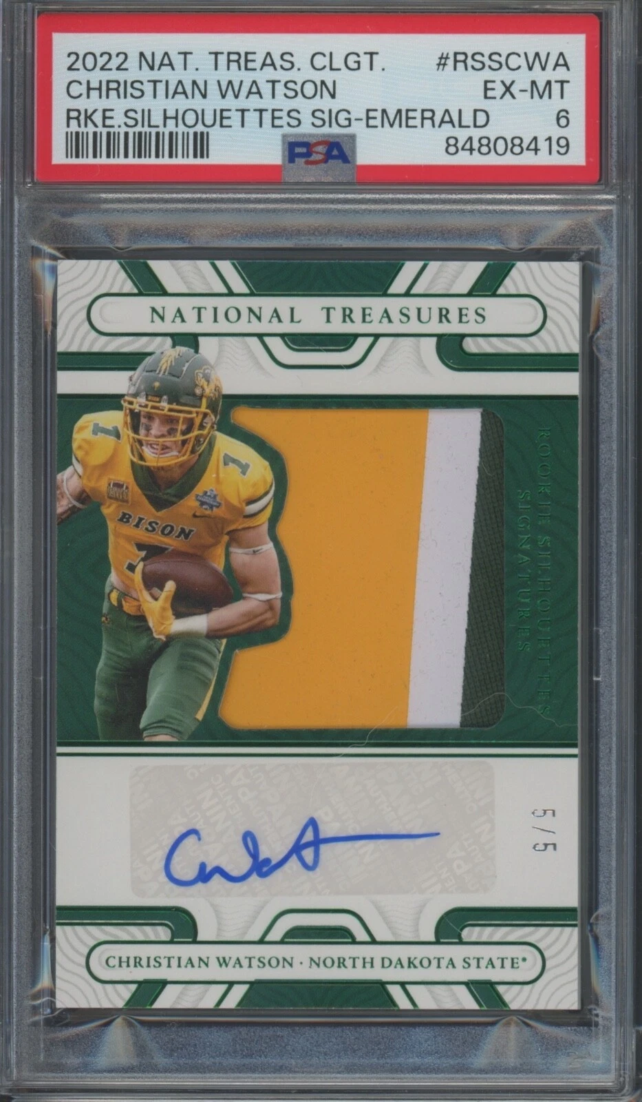 Christian Watson Panini National Treasures Collegiate Rookie Silhouettes Signatures #RSSCWA Emerald