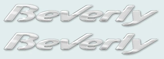 2 ADESIVI in RESINA 3D SCRITTA BEVERLY per SCOOTER PIAGGIO 125-250-300-500 CROMO