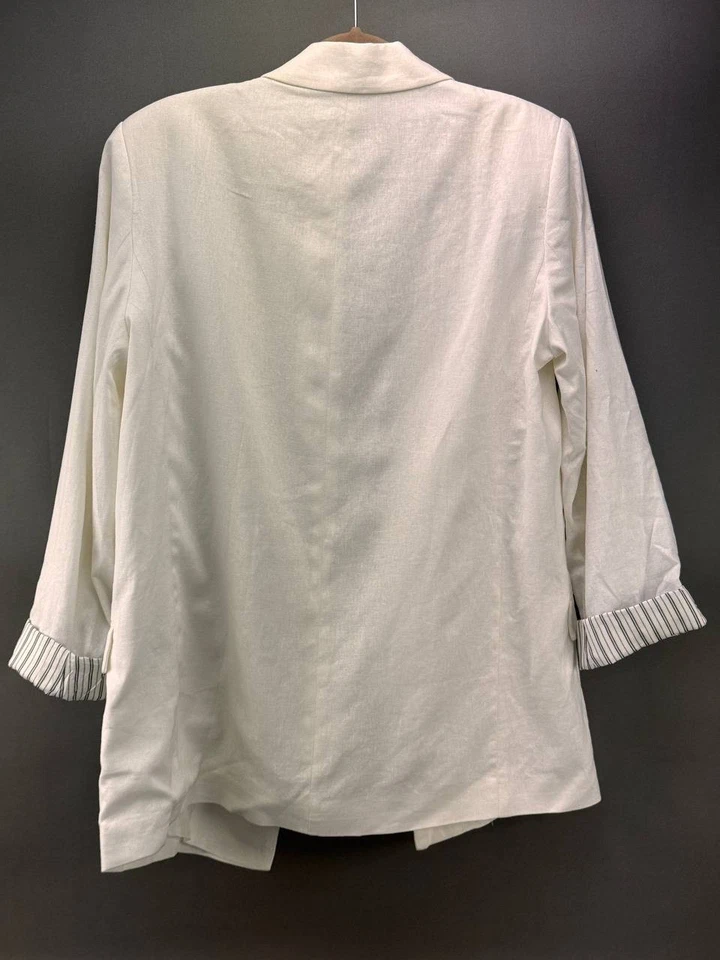 Zara Womens White Linen Blazer Jacket W/ Striped Sleeve Detailing Size L - Image 2 of 4