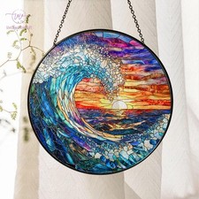 Sea Waves Stained Glass Suncatcher, Sunset On The Beach Window Hanging Decor