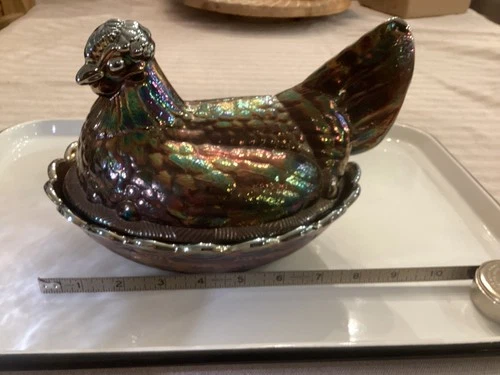 RARE 1996 Vintage Fenton Amethyst “Iridill”Carnival Glass Hen On Nest 8 Inch