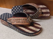 NWOT Montana West Wedge Flip Flops Sz. 10 American Flag Rhinestones Star Concho