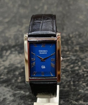 Seiko Quartz Slim Two Hands Tank Roman Blue Dial Wristwatch