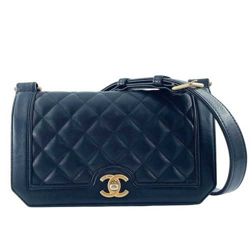 Used CHANEL Matelasse Diamond Flap Chain Bag A91576 Calf Leather Black Gold Hard