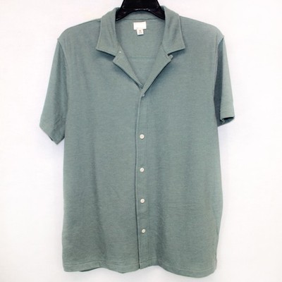 J Crew Men's Textured Camp Collar Knit Shirt Green Button Up Short Sleeve Medium
