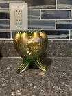 VINTAGE Green Carnival Daisy and Plume 3-legged Rosebowl Vase, Northwood
