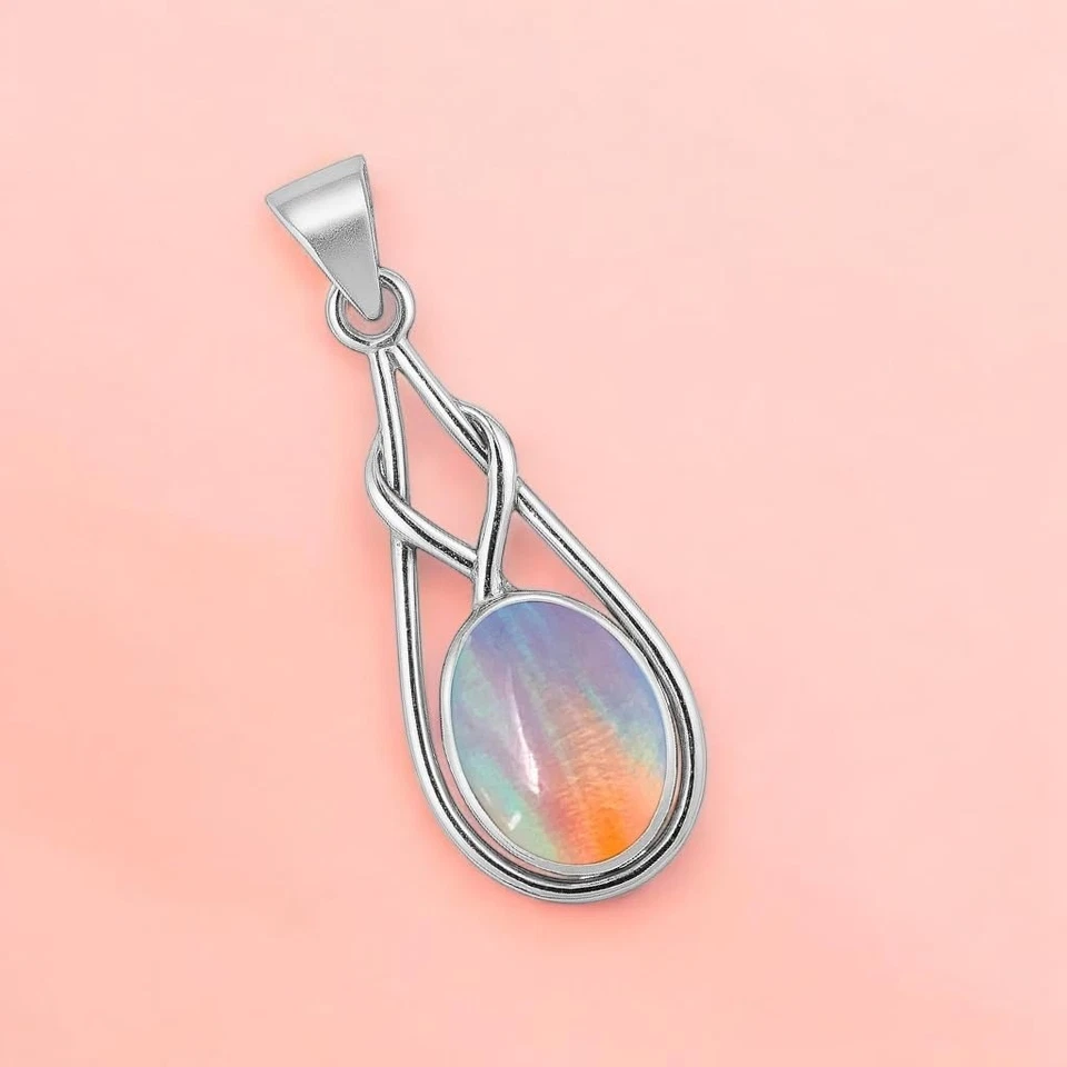 Colgante infinito plata superposición de piedras preciosas ópalo aurora forma ovalada para mujer regalo ella Foto 4 de 4