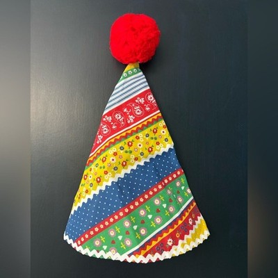 Vintage Handmade Clown Costume Cone Shaped Hat with Red Poof. 70 s Style Fabric