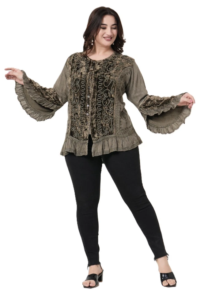 Velvet Blouse Women Embroidered Bell Sleeve Tie‑Back Ruffle Hem M‑L / L‑XL/XXL - Image 2 of 4