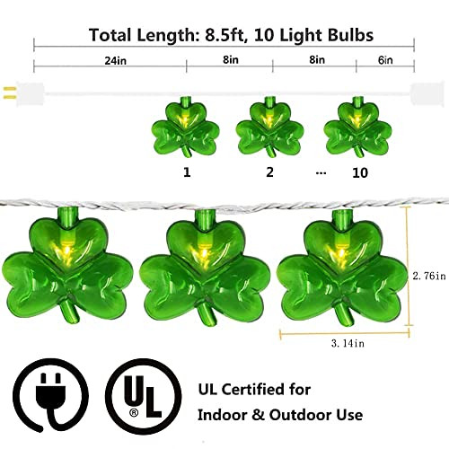 St Patrick's Day Shamrock Lights,8.5Ft Shamrock String Lights 10 Green Clover - Picture 3 of 8