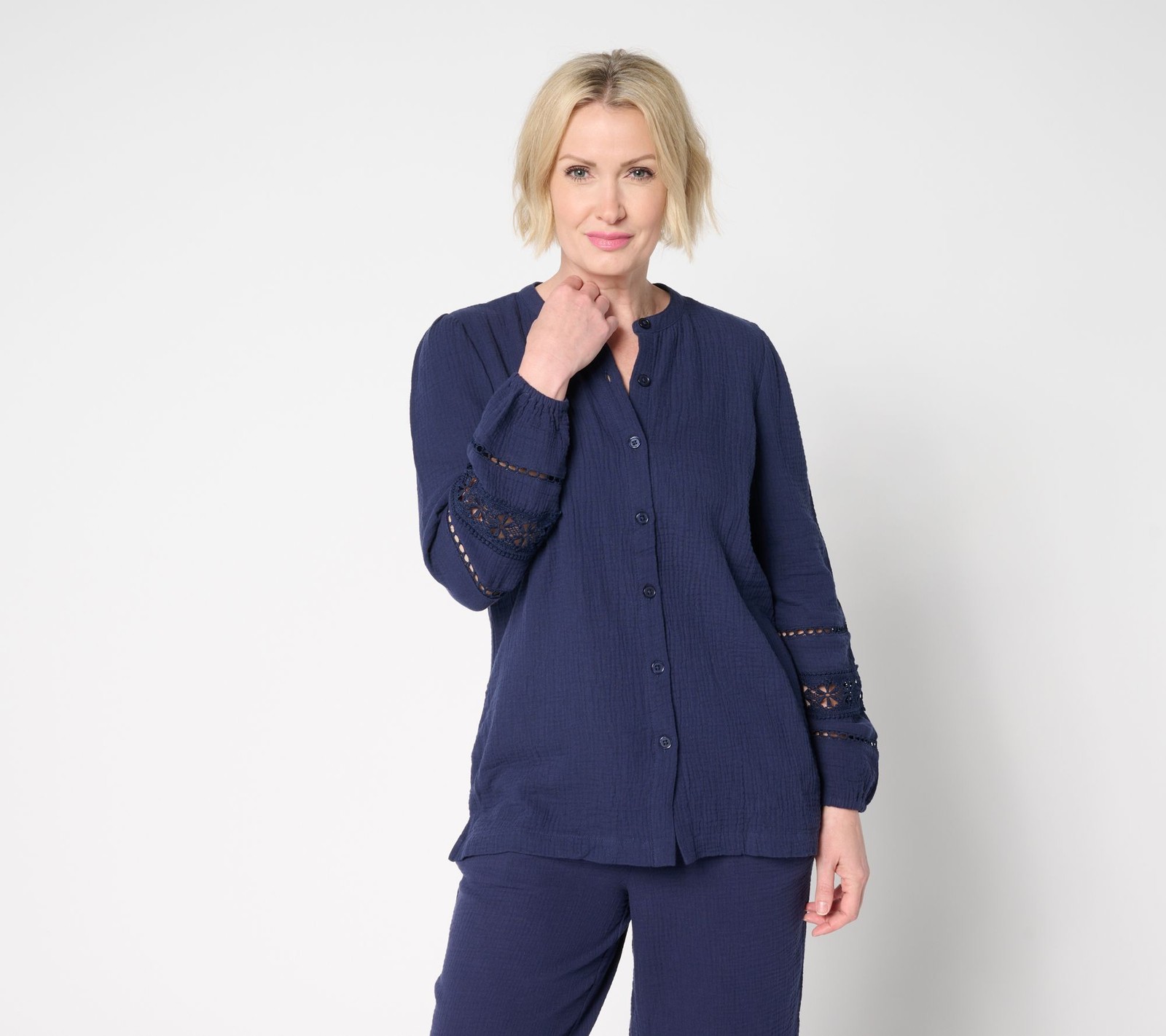 SUNNYLiFE Women's Top Sz M Cotton Gauze Ladder Lace Button Up Blue A691547