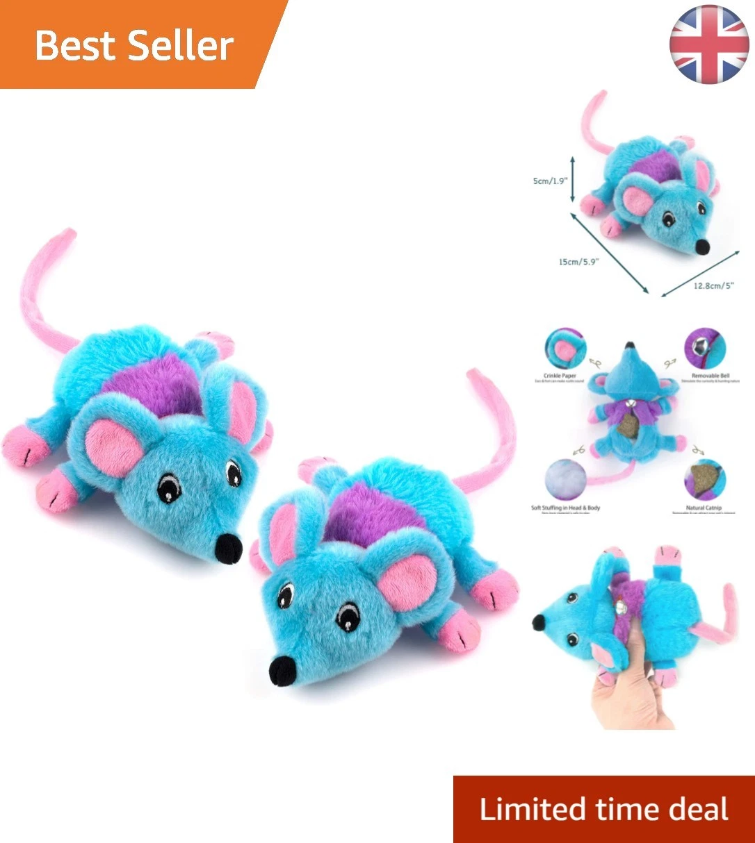 Interactive Cat Toy Pack - 2 Plush Catnip Mice with Bell, Perfect for Large Cats