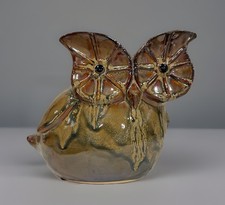 Wide Eyes Ceramic Owl Figurine Statue Neutral And Brown Colors Drip Glaze MCM