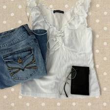 Brandy Melville White V-Neck Tie Front Ruffle...