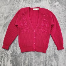 Vintage YarnWorks Sweater Womens S Pink Chunky Knit Cardigan Embroidered Pearls