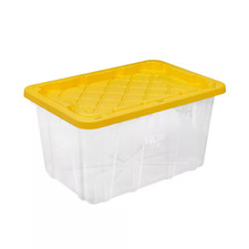 27 Gal. Tough Storage Tote in Clear with Yellow Lid Heavy Duty Garage Organizer