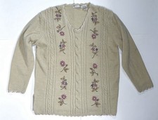 Vintage Light Beige Floral V Neck Cable Knit Sweater Medium Cottage Grandma Core